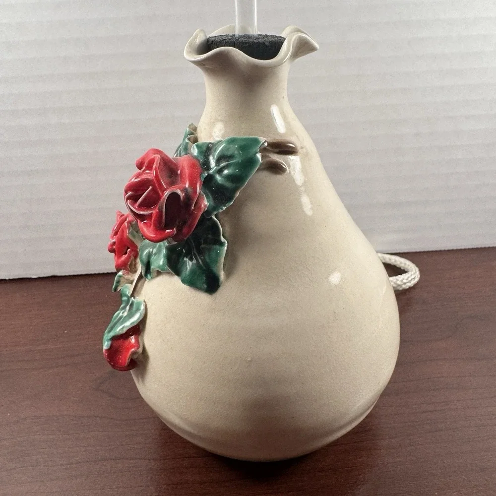Vintage Artisan Signed 3D Rose Ceramic Hanging Hummingbird Nectar Feeder Beige